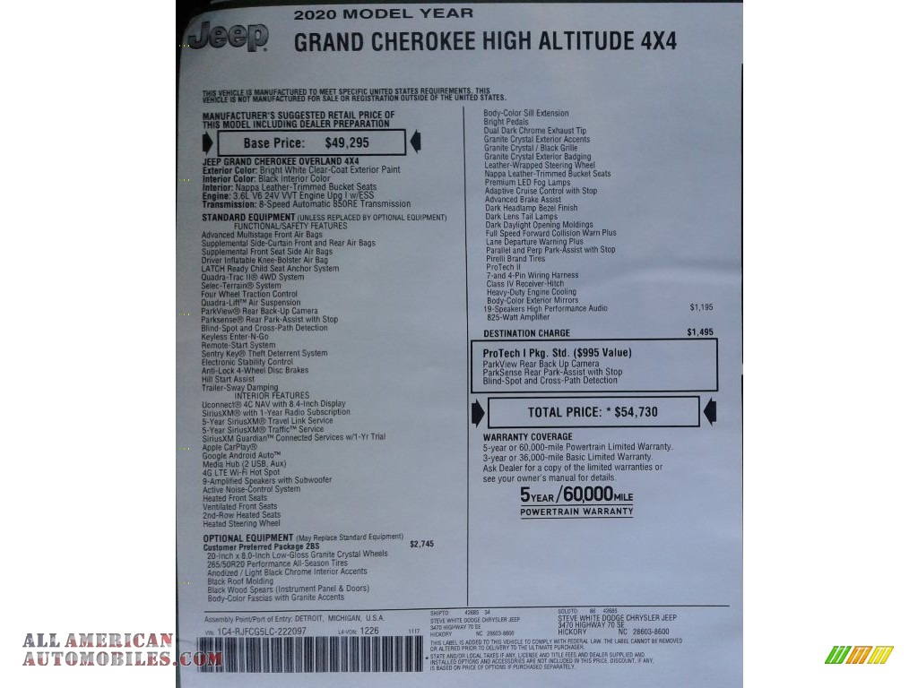 2020 Grand Cherokee High Altitude 4x4 - Bright White / Black photo #40