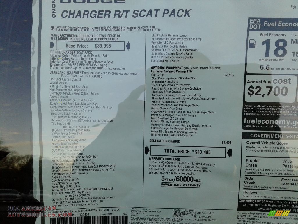 2020 Charger Scat Pack - White Knuckle / Black photo #28