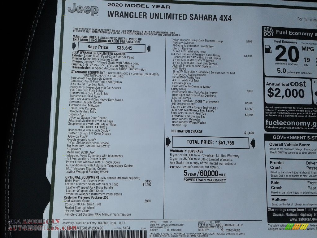 2020 Wrangler Unlimited Sahara 4x4 - Bikini Pearl / Black photo #32