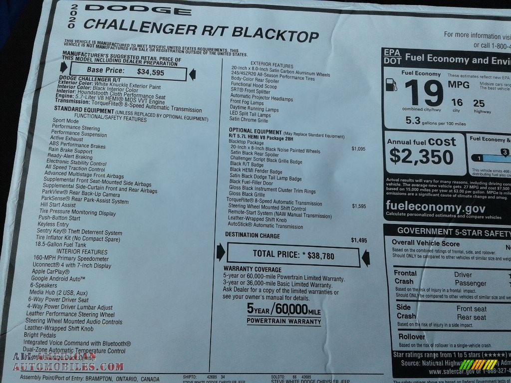 2020 Challenger R/T - White Knuckle / Black photo #24