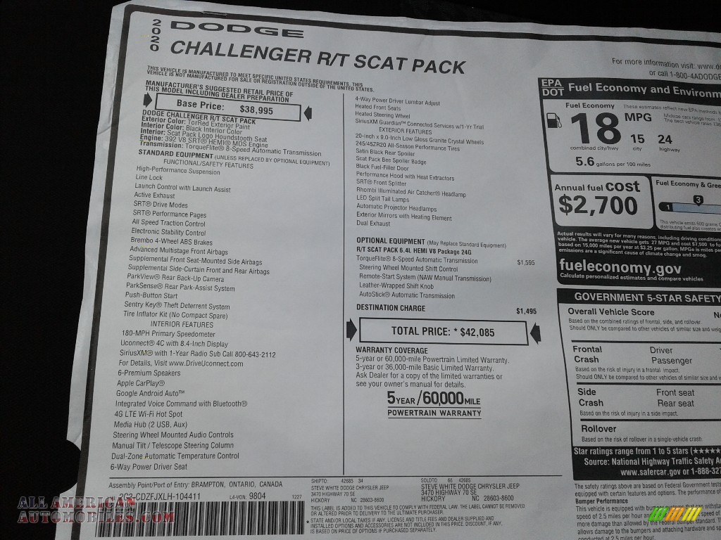 2020 Challenger R/T Scat Pack - TorRed / Black Houndstooth photo #27