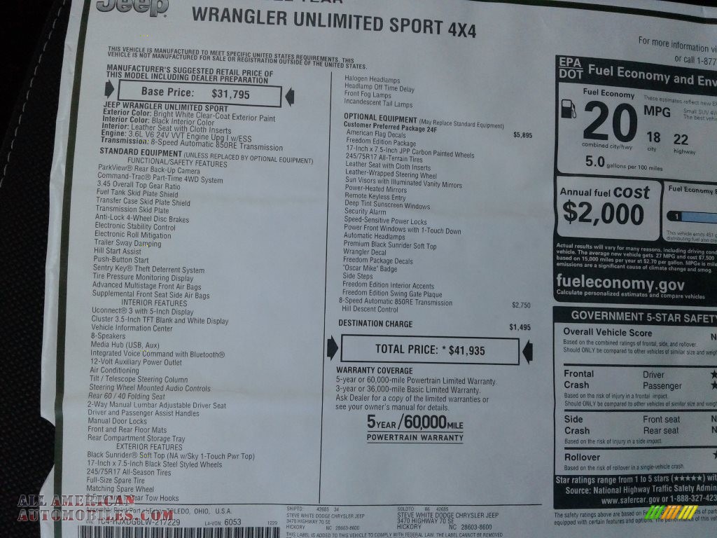 2020 Wrangler Unlimited Sport 4x4 - Bright White / Black photo #27