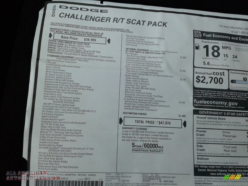 2020 Challenger R/T Scat Pack - Go Mango / Black photo #28