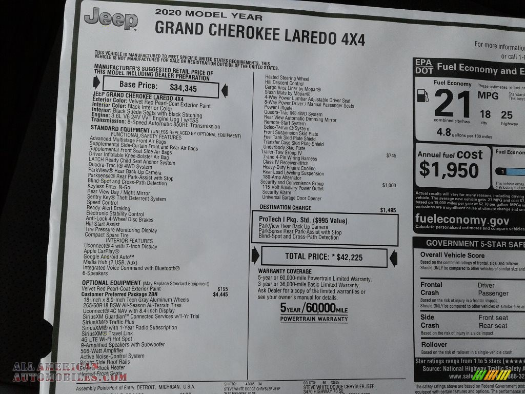 2020 Grand Cherokee Laredo 4x4 - Velvet Red Pearl / Black photo #30