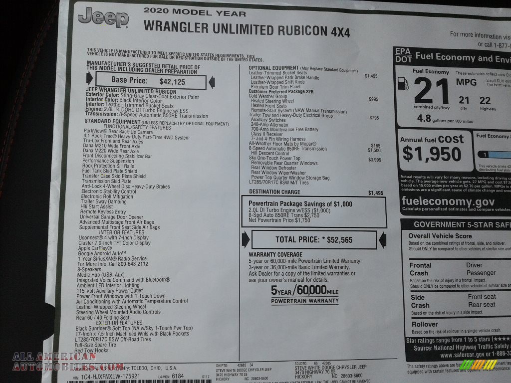2020 Wrangler Unlimited Rubicon 4x4 - Sting-Gray / Black photo #29