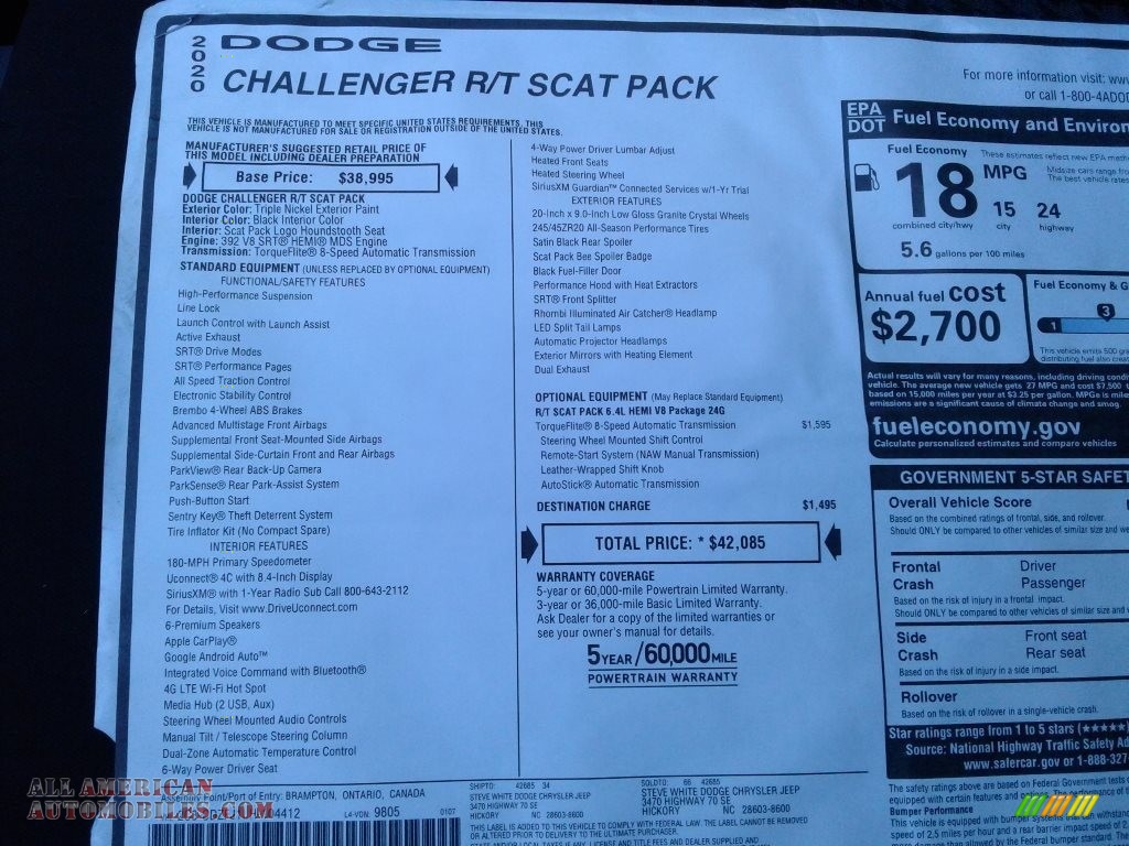 2020 Challenger R/T Scat Pack - Triple Nickel / Black photo #27