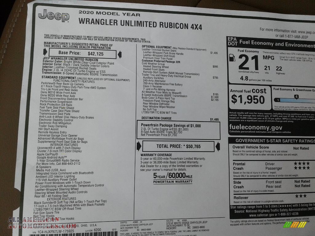 2020 Wrangler Unlimited Rubicon 4x4 - Bright White / Dark Saddle/Black photo #28