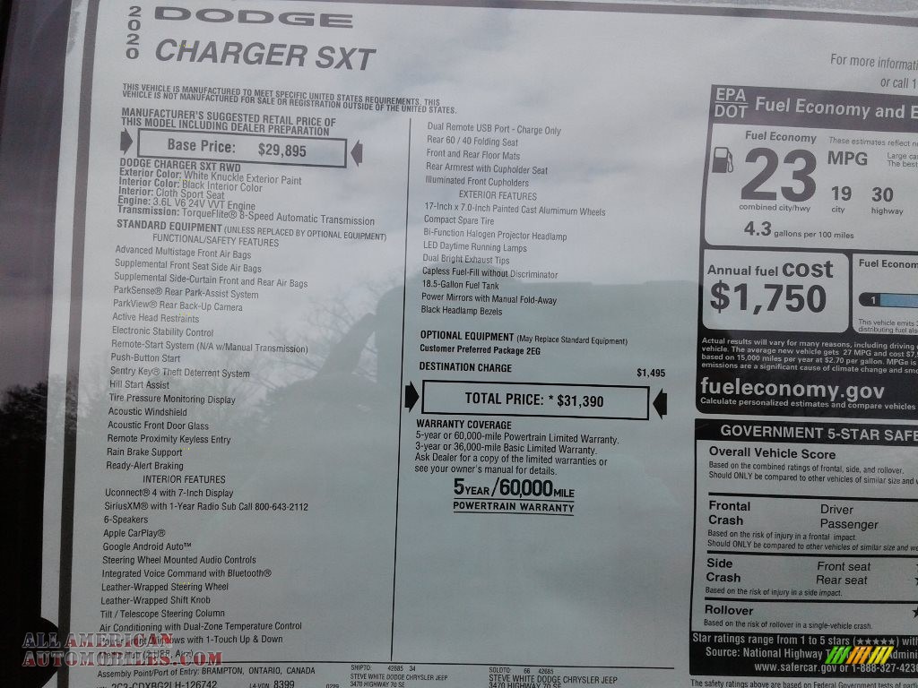 2020 Charger SXT - White Knuckle / Black photo #27