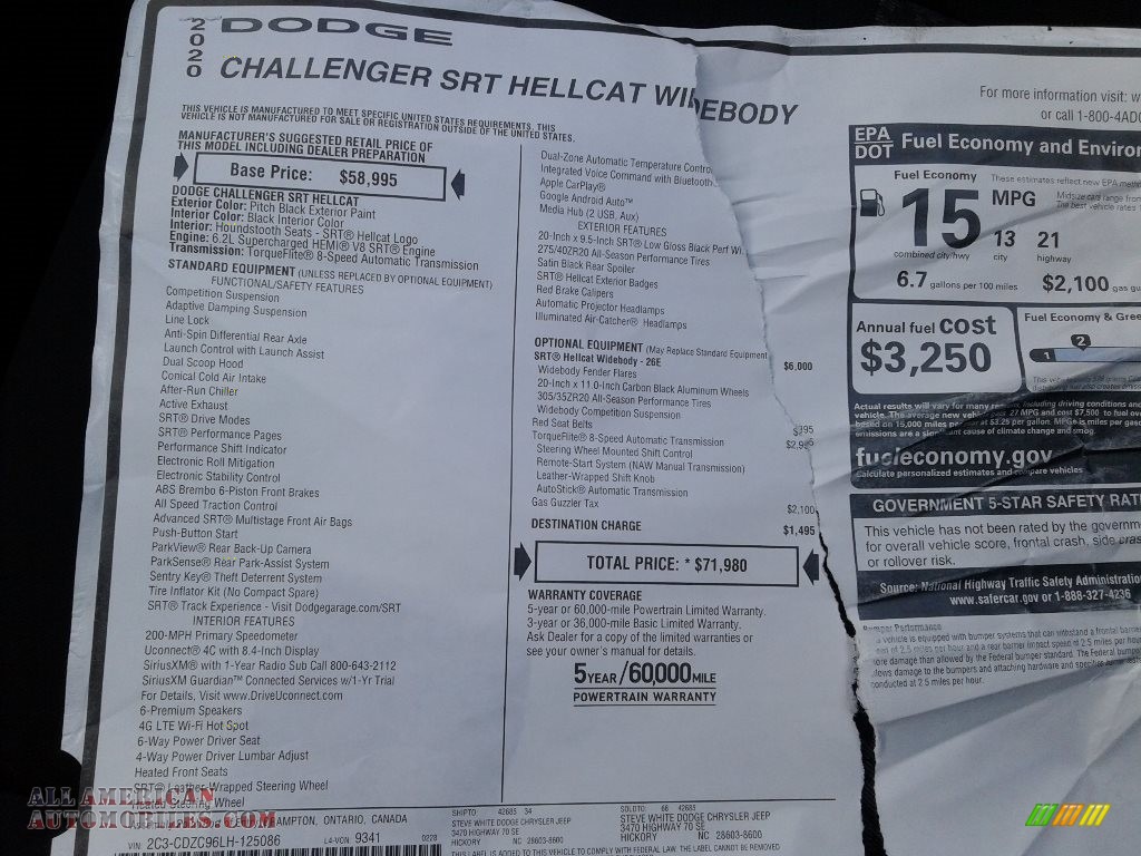 2020 Challenger SRT Hellcat Widebody - Pitch Black / Black photo #29