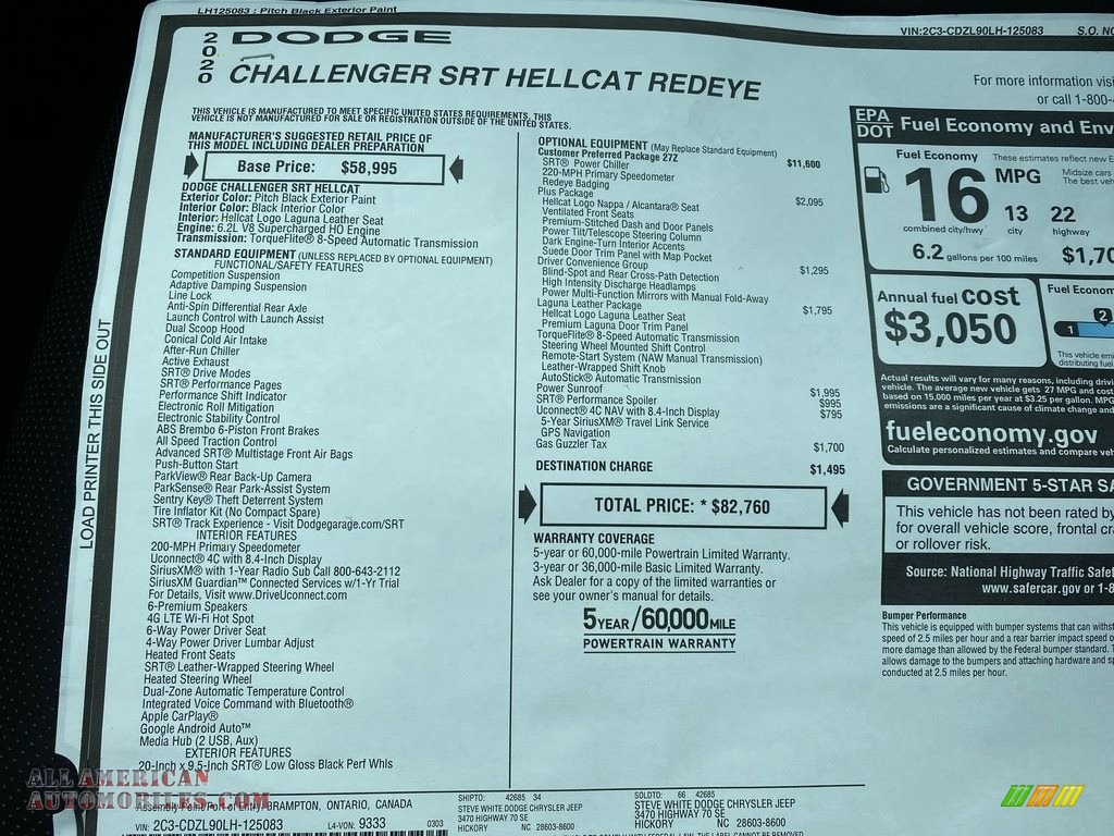 2020 Challenger SRT Hellcat Redeye - Pitch Black / Black photo #34