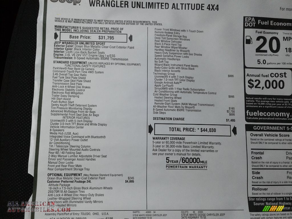 2020 Wrangler Unlimited Altitude 4x4 - Ocean Blue Metallic / Black photo #26