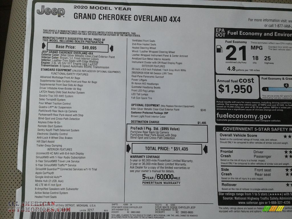 2020 Grand Cherokee Overland 4x4 - Billet Silver Metallic / Light Frost/Brown photo #33