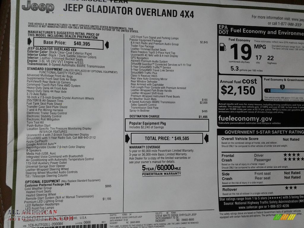 2020 Gladiator Overland 4x4 - Black / Black/Dark Saddle photo #28