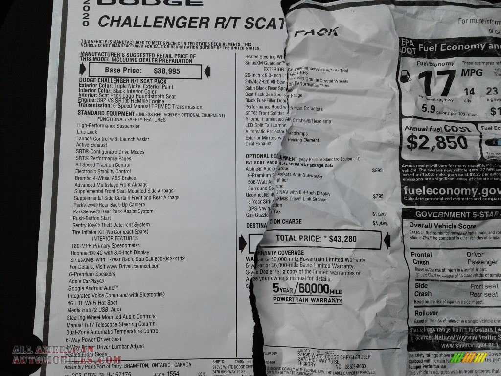 2020 Challenger R/T Scat Pack - Triple Nickel / Black photo #29