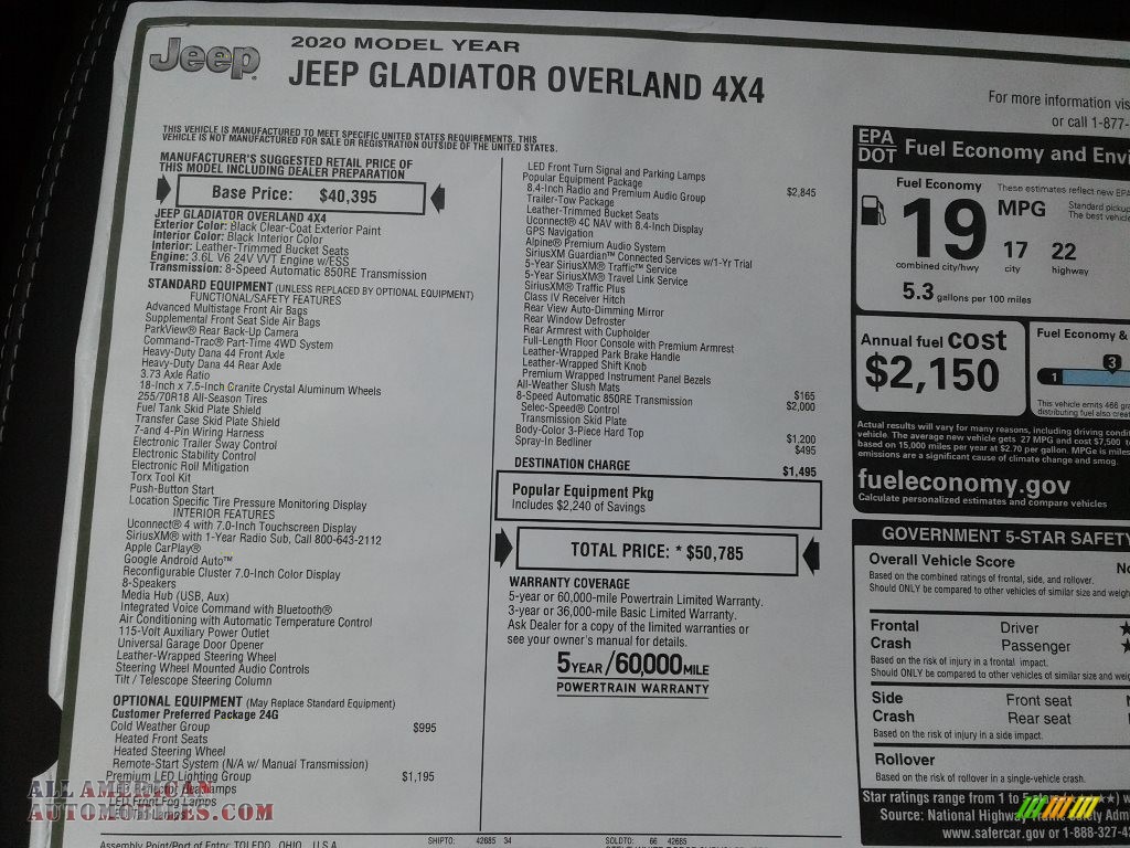 2020 Gladiator Overland 4x4 - Black / Black photo #30