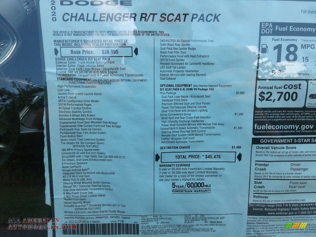 2020 Challenger R/T Scat Pack - Triple Nickel / Black photo #21