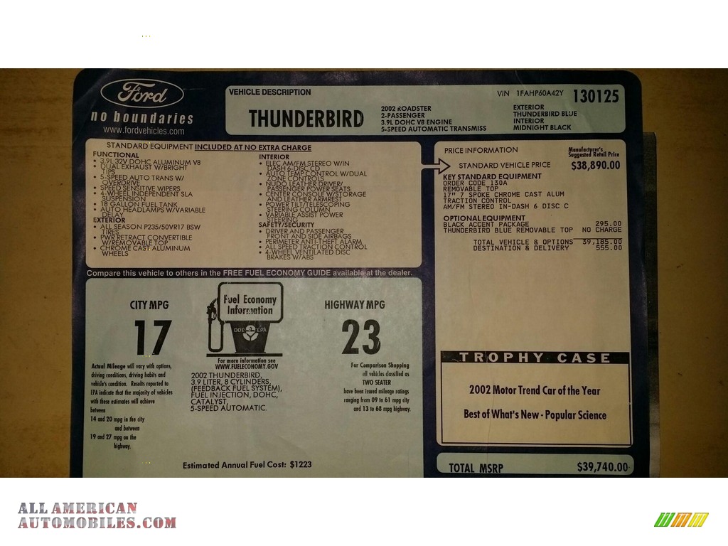 2002 Thunderbird Deluxe Roadster - Thunderbird Blue / Midnight Black photo #9
