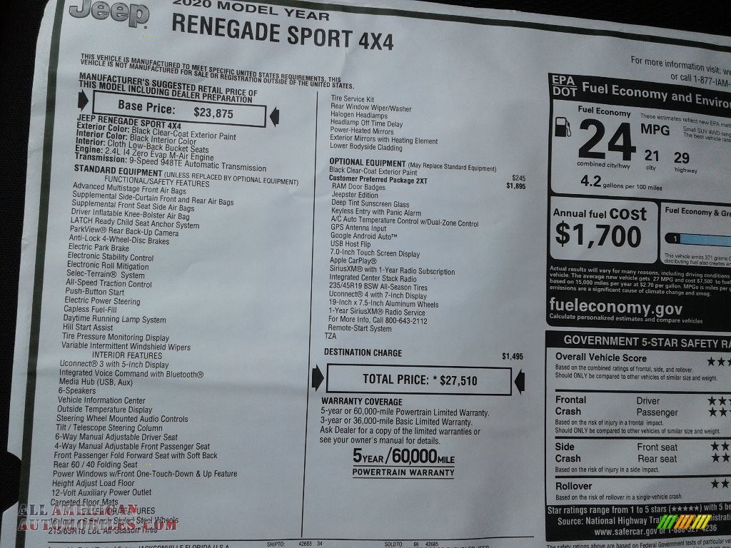 2020 Renegade Sport 4x4 - Black / Black photo #26 2020 Renegade Sport 4x4 - Black / Black photo #26