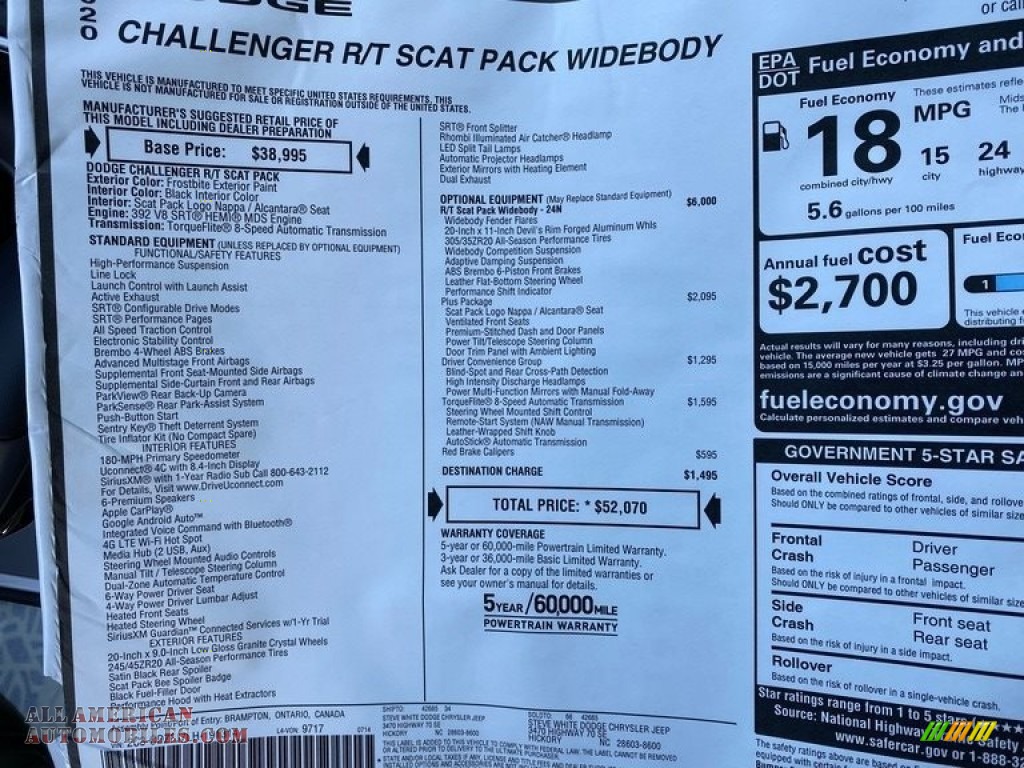 2020 Challenger R/T Scat Pack Widebody - Frostbite / Black photo #27