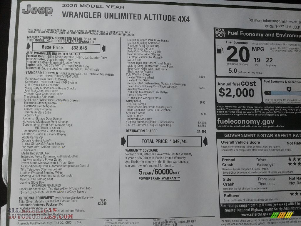 2020 Wrangler Unlimited Altitude 4x4 - Billet Silver Metallic / Black photo #25