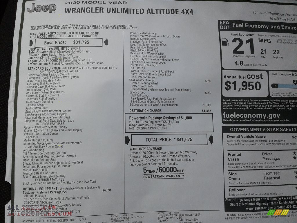 2020 Wrangler Unlimited Altitude 4x4 - Black / Black photo #28