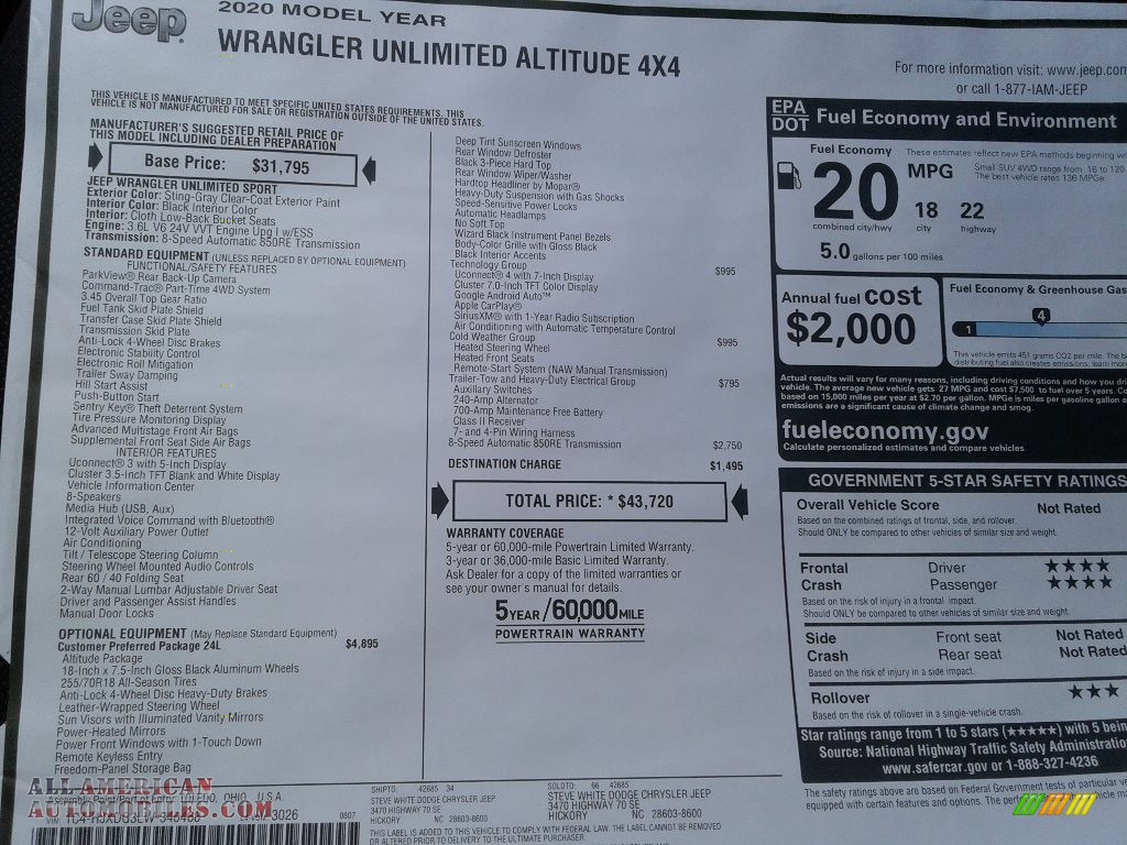 2020 Wrangler Unlimited Altitude 4x4 - Sting-Gray / Black photo #28
