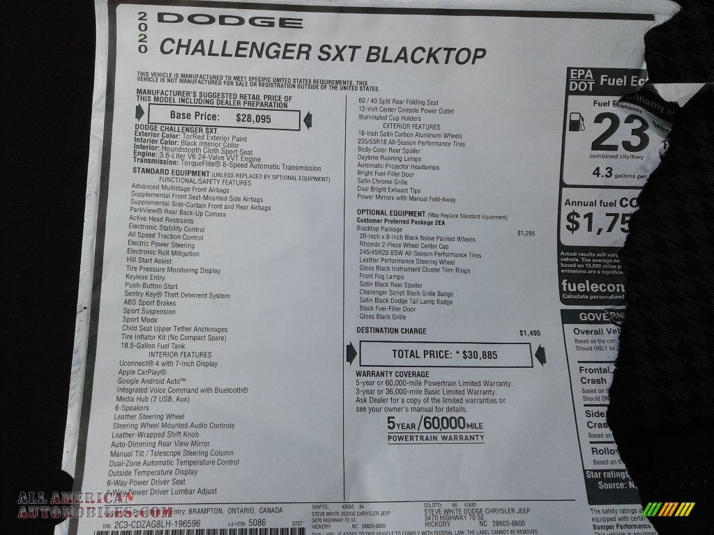 2020 Challenger SXT - TorRed / Black photo #25