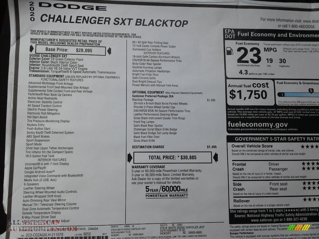 2020 Challenger SXT - F8 Green / Black photo #25