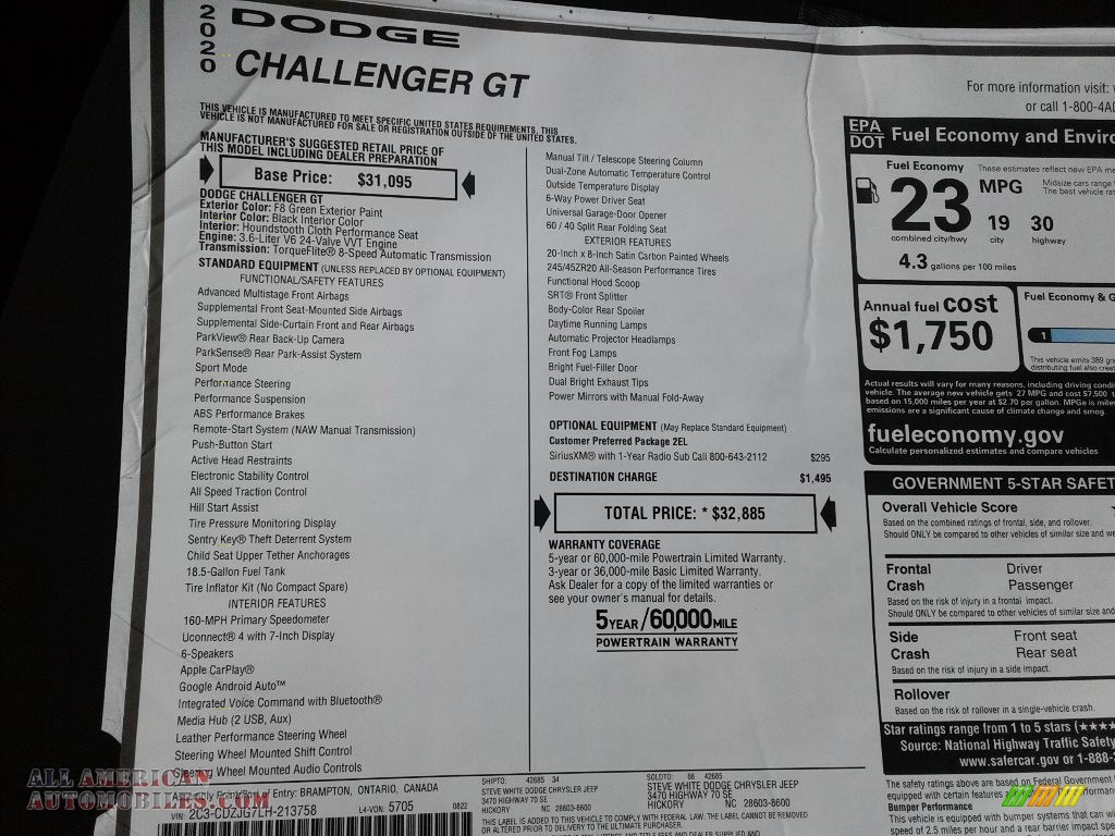 2020 Challenger GT - F8 Green / Black photo #25