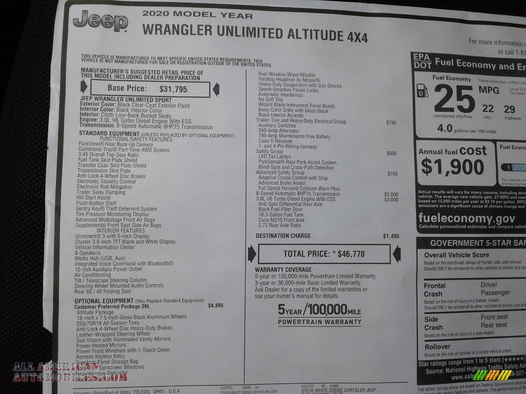 2020 Wrangler Unlimited Altitude 4x4 - Black / Black photo #27