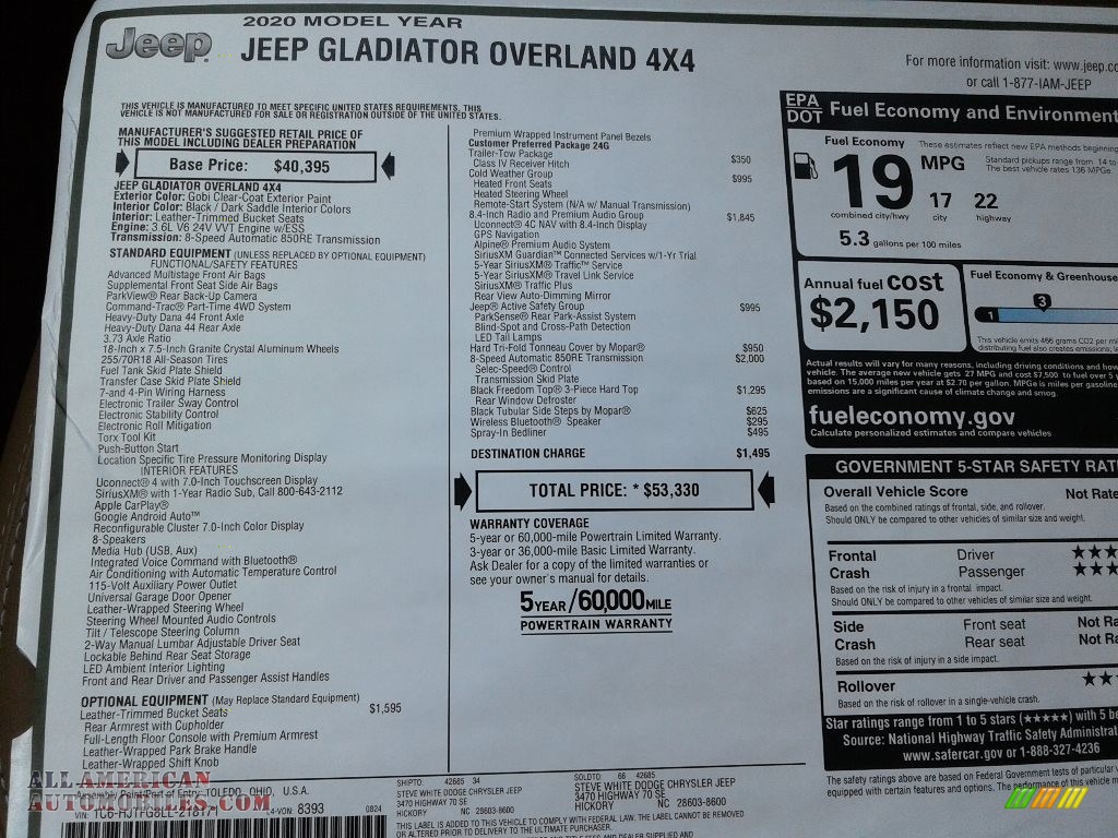 2020 Gladiator Overland 4x4 - Gobi / Black/Dark Saddle photo #31