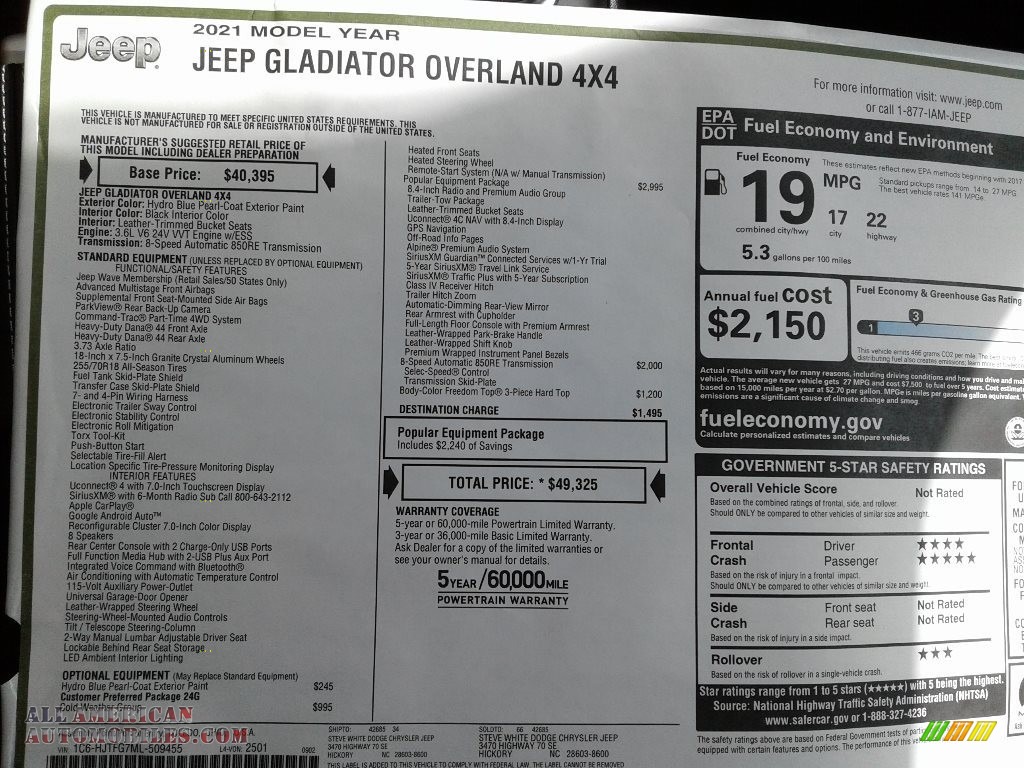2021 Gladiator Overland 4x4 - Hydro Blue Pearl / Black photo #30