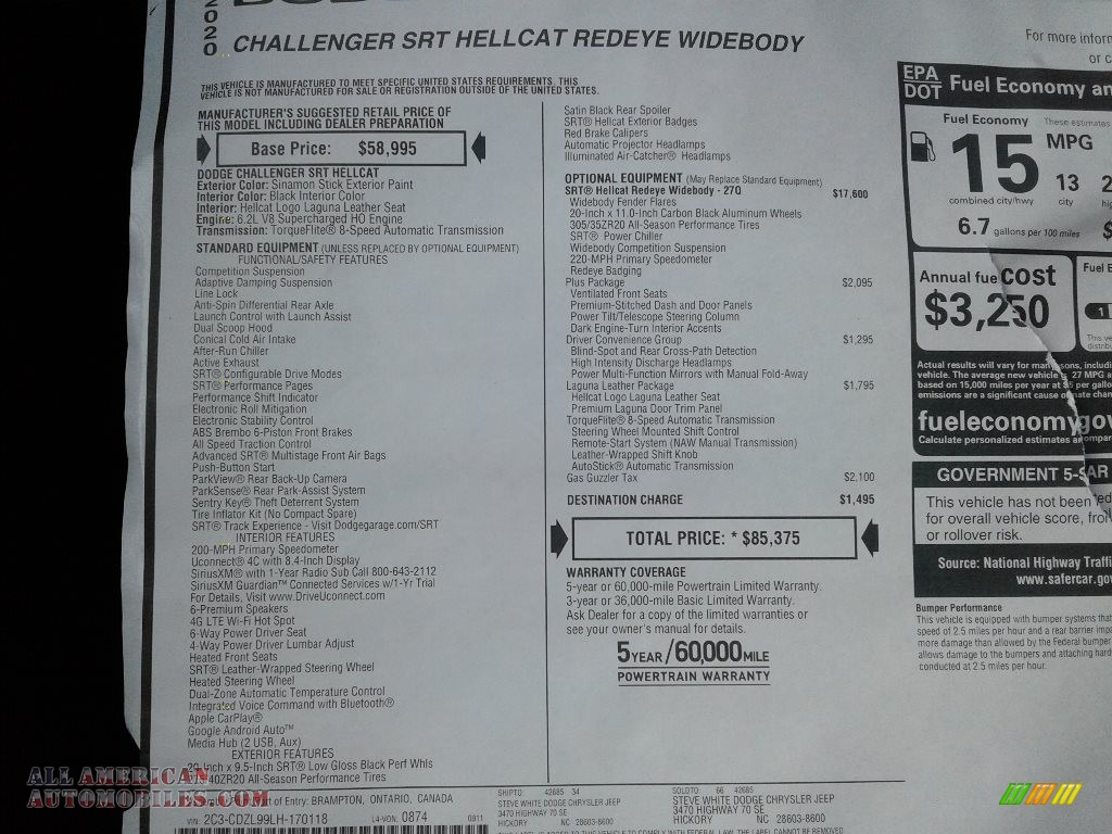 2020 Challenger SRT Hellcat Redeye Widebody - Sinamon Stick / Black photo #26