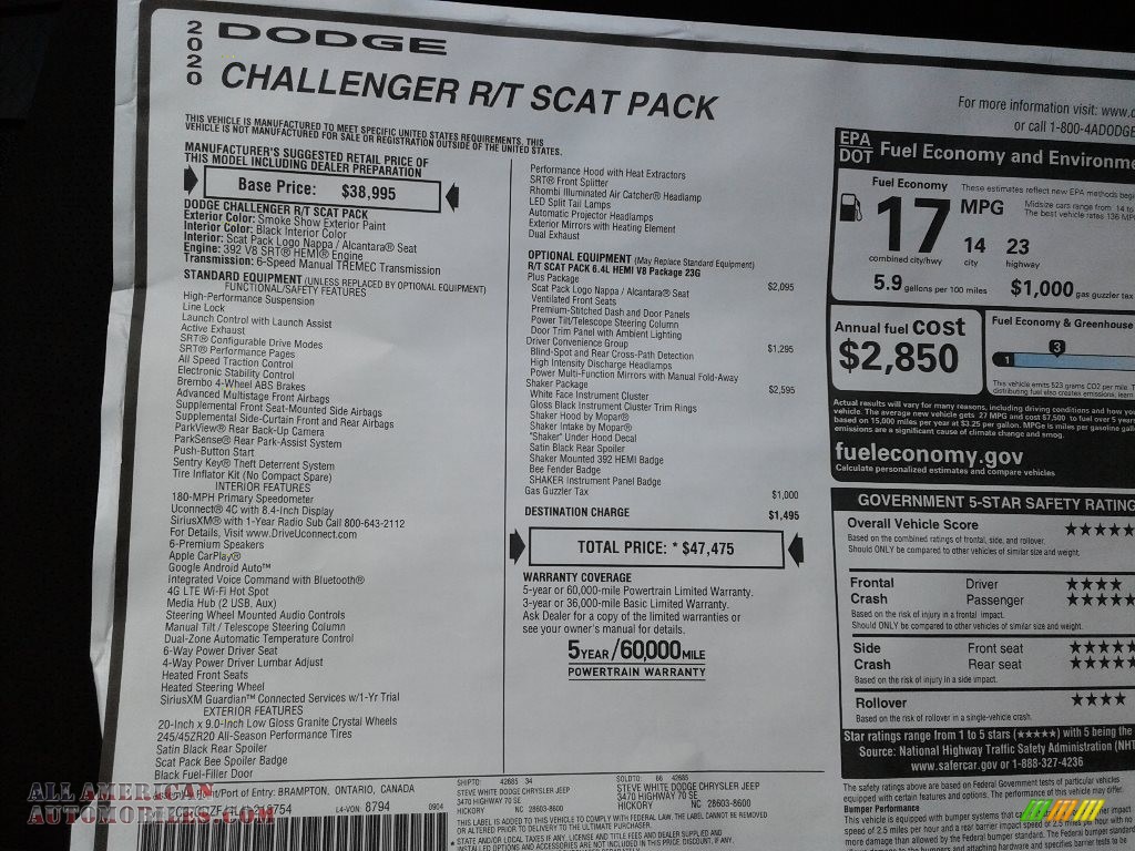 2020 Challenger R/T Scat Pack Shaker - Smoke Show / Black photo #25