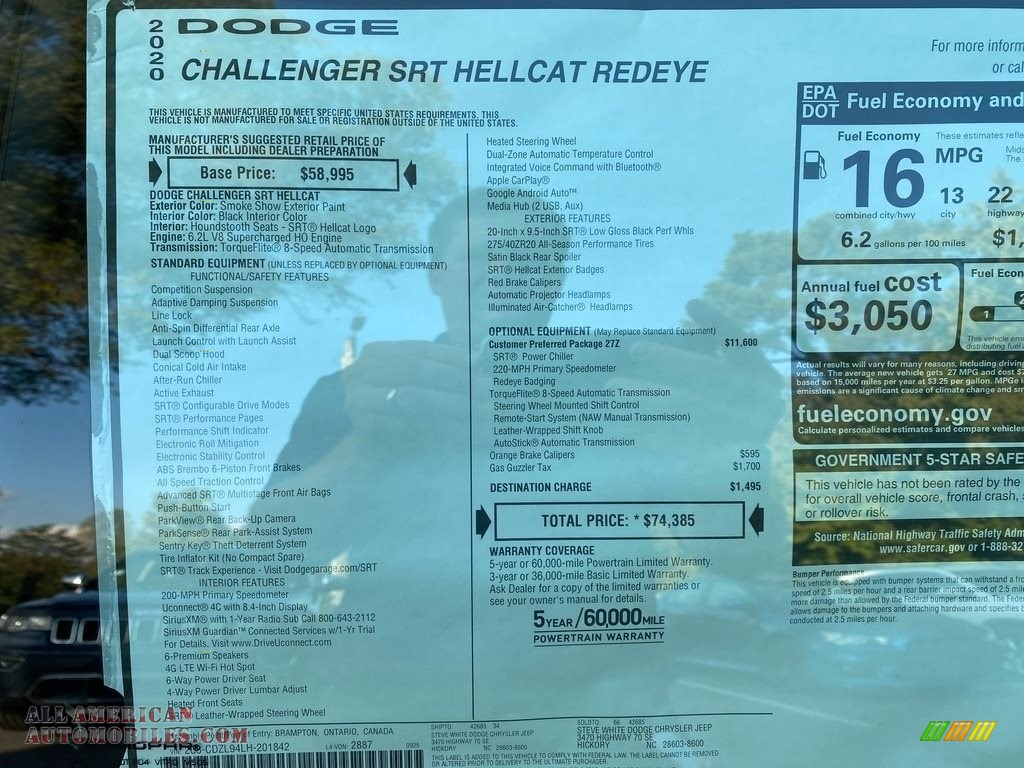 2020 Challenger SRT Hellcat Redeye - Smoke Show / Black photo #27