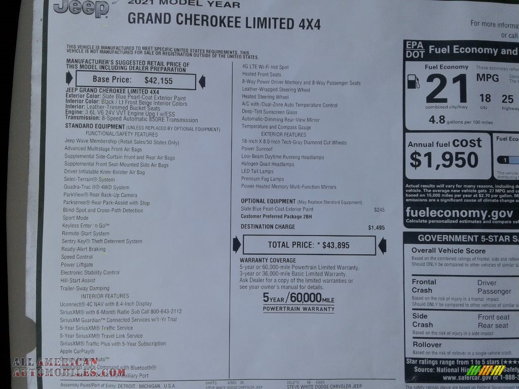 2021 Grand Cherokee Limited 4x4 - Slate Blue Pearl / Light Frost Beige/Black photo #32