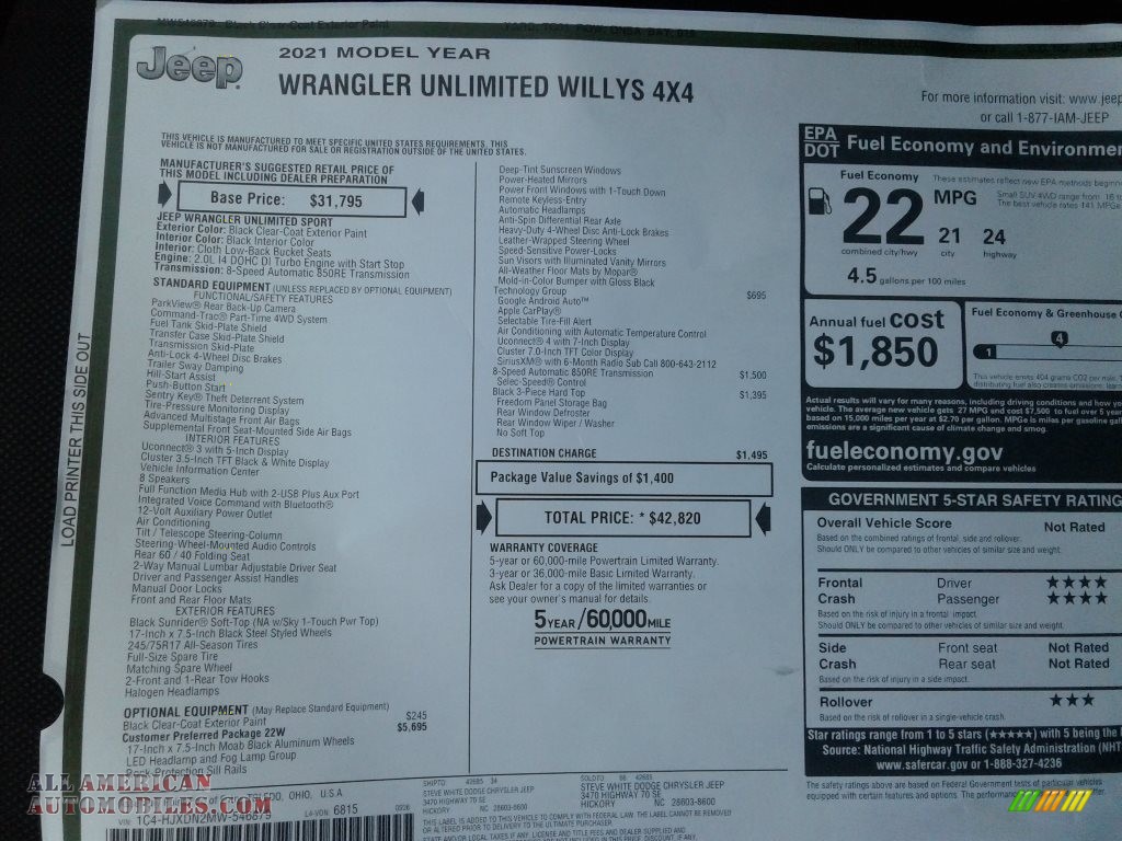 2021 Wrangler Unlimited Willys 4x4 - Black / Black photo #26