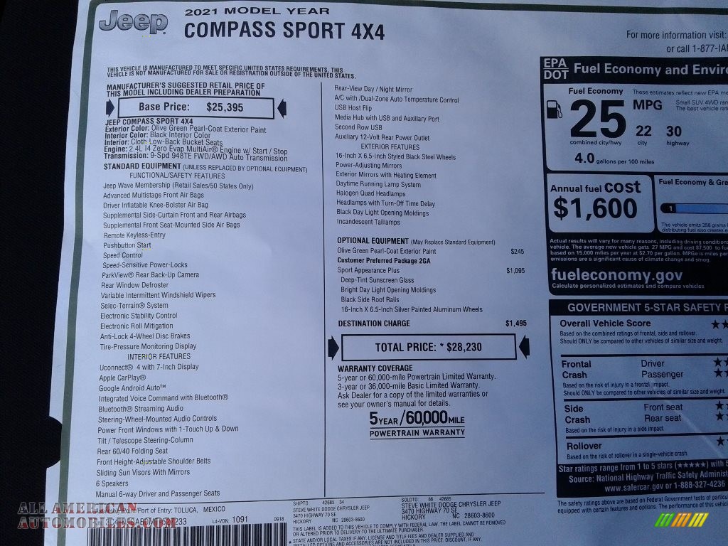 2021 Compass Sport 4x4 - Olive Green Pearl / Black photo #26