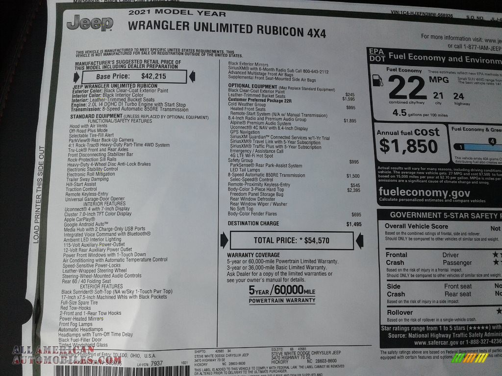 2021 Wrangler Unlimited Rubicon 4x4 - Black / Black photo #29