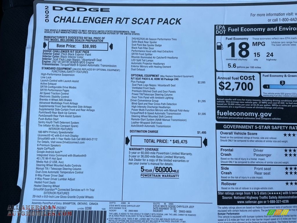 2020 Challenger R/T Scat Pack - Pitch Black / Black photo #26