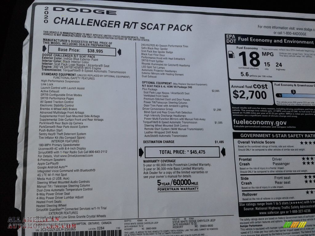 2020 Challenger R/T Scat Pack - IndiGo Blue / Black photo #26