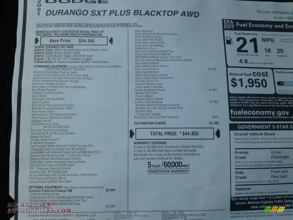 2021 Durango SXT Plus Blacktop AWD - White Knuckle / Black photo #31