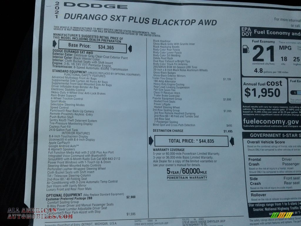2021 Durango SXT Plus Blacktop AWD - Destroyer Gray / Black photo #30