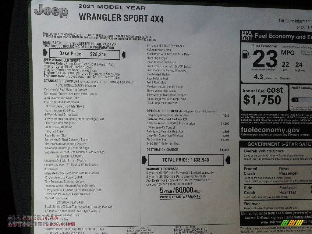 2021 Wrangler Sport 4x4 - Sting-Gray / Black photo #26