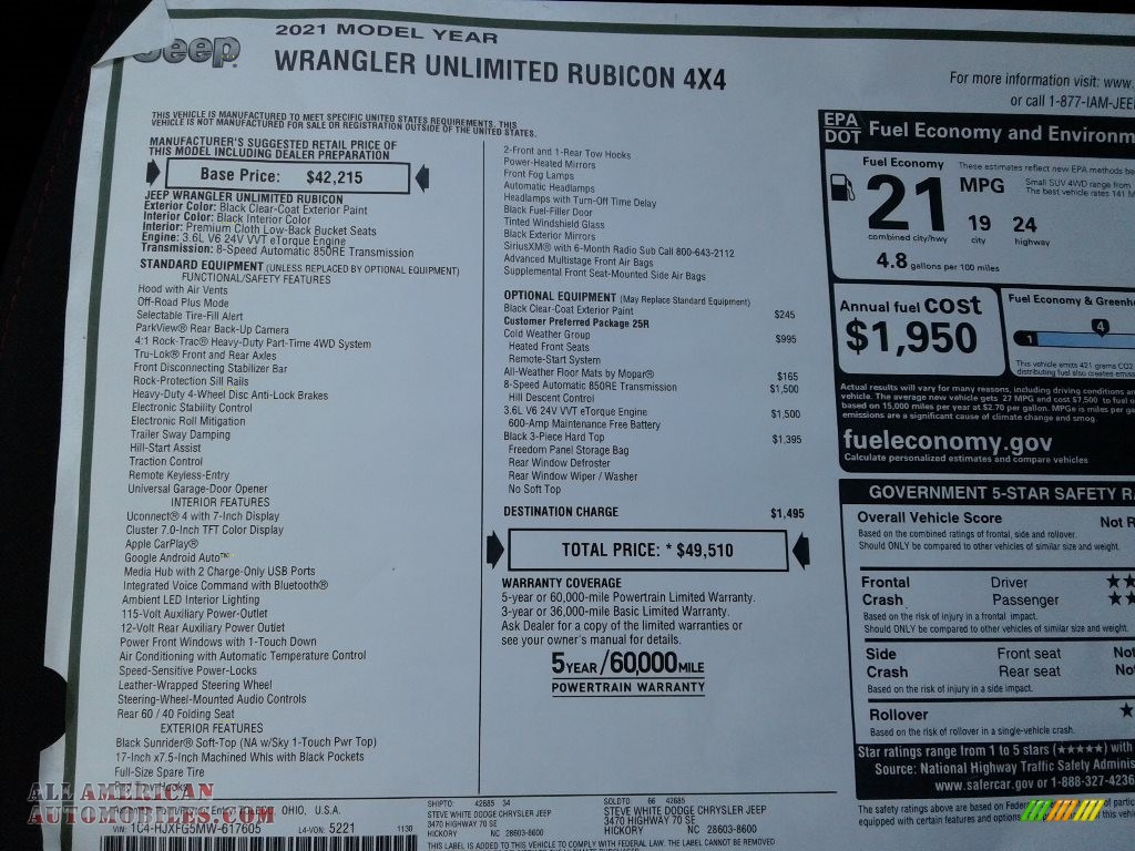 2021 Wrangler Unlimited Rubicon 4x4 - Black / Black photo #27