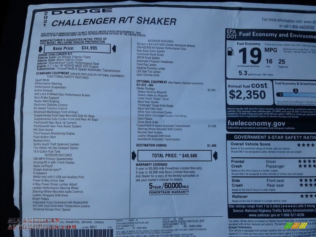 2021 Challenger R/T Shaker - Go Mango / Black photo #25