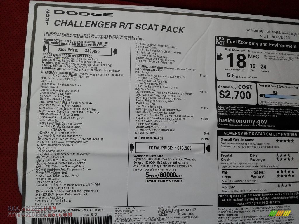 2021 Challenger R/T Scat Pack - White Knuckle / Black/Ruby Red photo #26