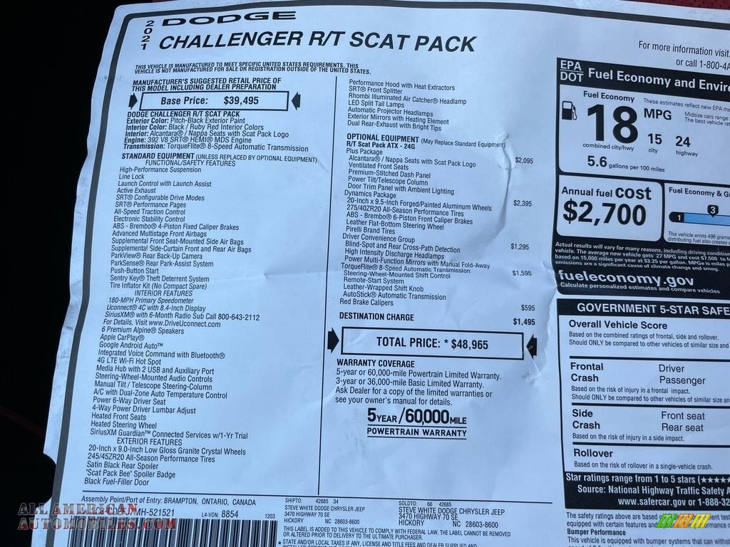 2021 Challenger R/T Scat Pack - Pitch Black / Black/Ruby Red photo #25