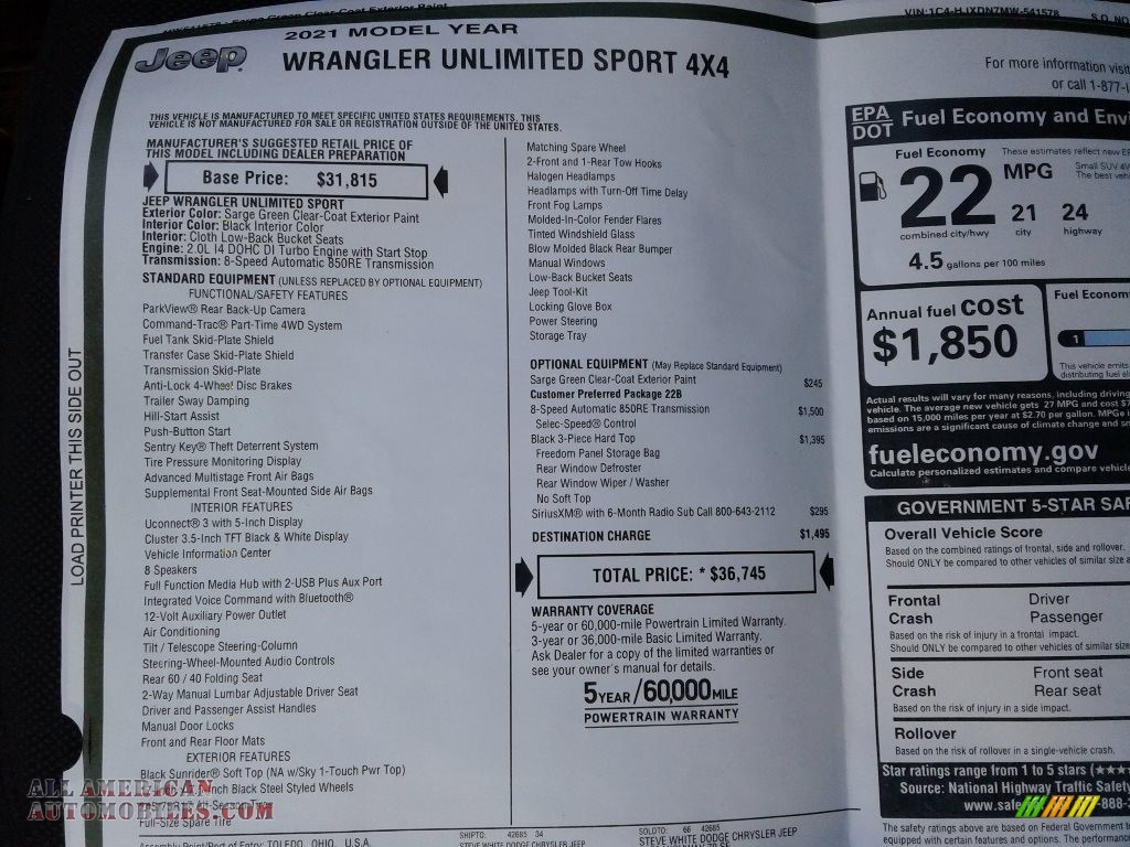 2021 Wrangler Unlimited Sport 4x4 - Sarge Green / Black photo #26