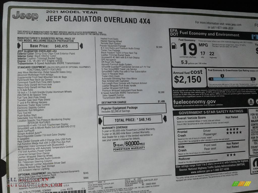 2021 Gladiator Overland 4x4 - Sting-Gray / Black photo #31